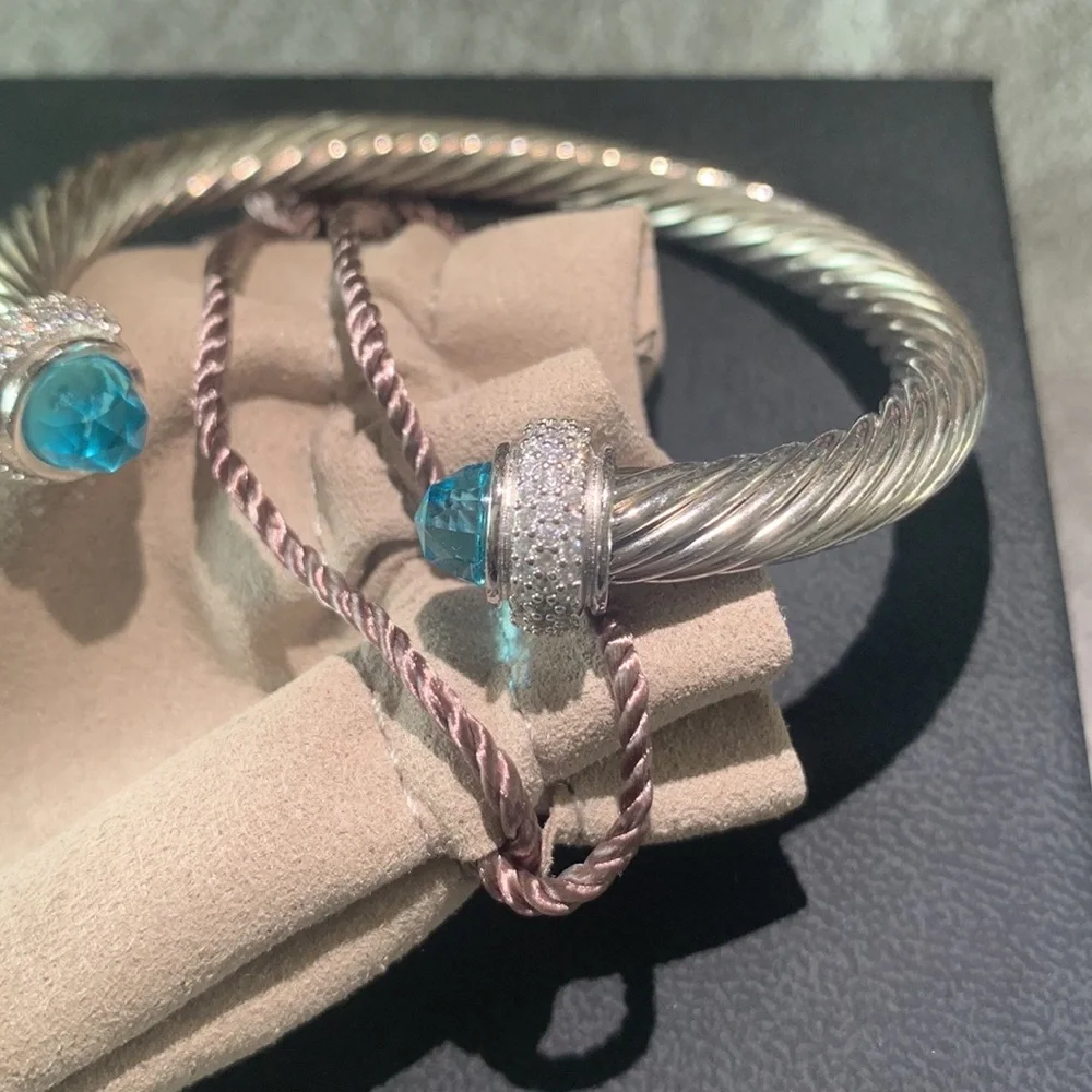 David Yurman Silver Cable Bracelet with Blue Topaz Terminals - Picture 6 of 10